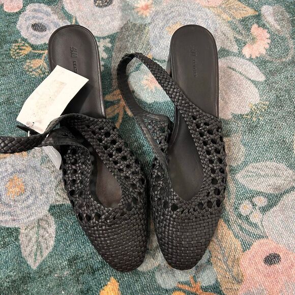 H&M Leather Slingback Pumps Sandals Black NWT Sz 11 Woven Braided Low Heels toe - Picture 10 of 16